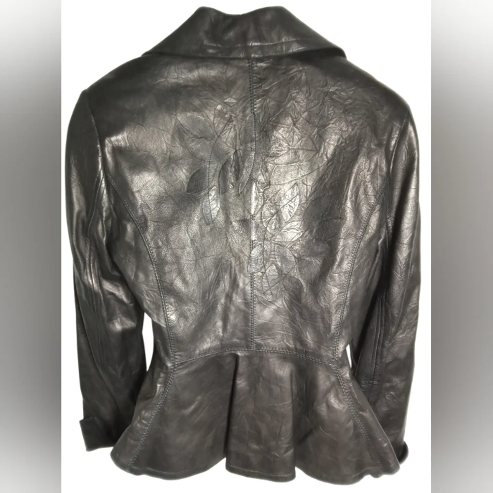 People Like Frank Leather Moto Peplum Button Charcoal Black Leather Jacket Sz S